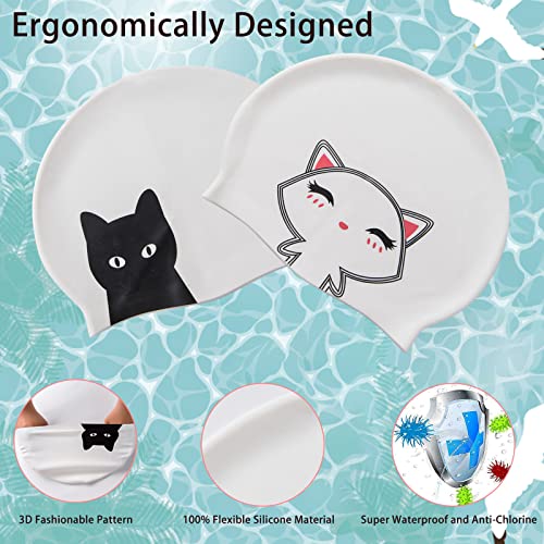 Silicone Swim Caps for Women - 2 Pack Cartoon Pattern, Waterproof & Non-Slip