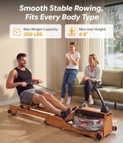Water Rowing Machine for Home Use - Wooden Foldable Rower with Monitor & Bluetooth APP - Wood Grain