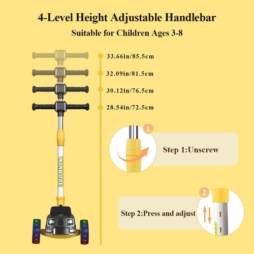 Kick Scooter for Kids, 4 Adjustable Height Foldable Toddler Scooter, Lean-to-Steer & Wide Standing Board Scooters for Outdoor Activities Children Boys & Girls Ages 2-8 (Black)
