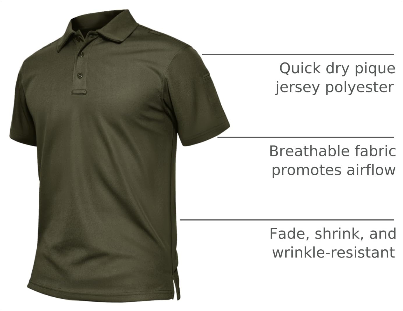 TACVASEN Polo Shirts for Men Dry Fit Short Sleeve Performance Collared Shirt Light UPF 50+ Tactical Work Golf Polos Army Green, 2XL
