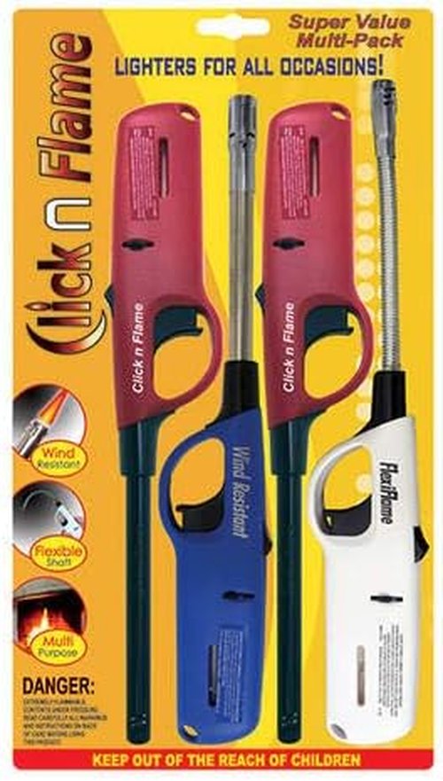 Click n Flame Utility Lighter 4-Pack | Wind Resistant Flexible Shaft for BBQ, Kitchen & Grill