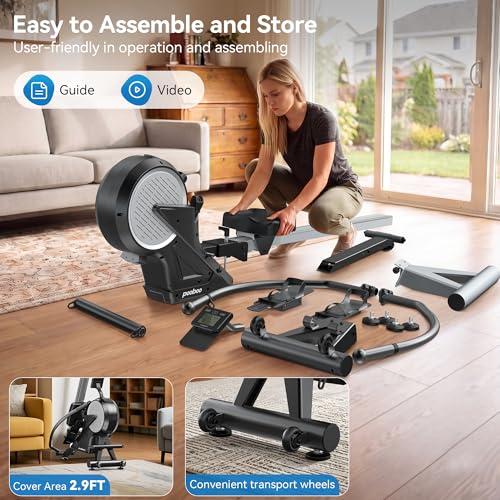 Dual Scull Rowing Machine - Wind & Magnetic Resistance, 14 Levels, Grayish-White