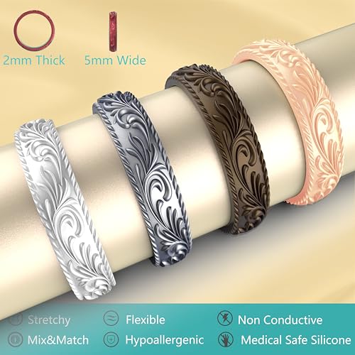 Silicone Wedding Rings for Women - 4 Pack Metallic Stackable Bands - Pearl, Champagne Gold, Silver, Bronze