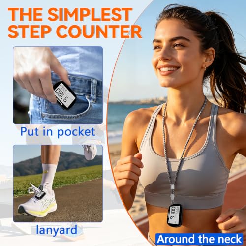 3D Step Counter Pedometer with Clock and Clip Lanyard - Black