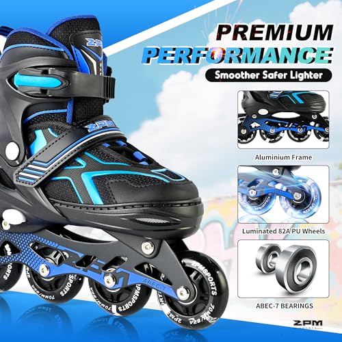 2PM SPORTS Adjustable Inline Skates – C Blue / Medium - Big Kid (13C-4 US) with Light-Up Wheels