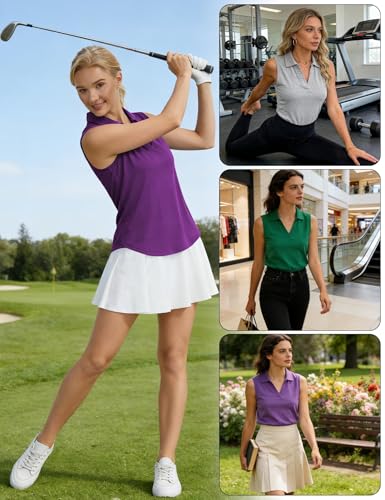 Women's Purple Sleeveless Golf Polo Shirt UVF 50+ Quick Dry Tennis Top Large