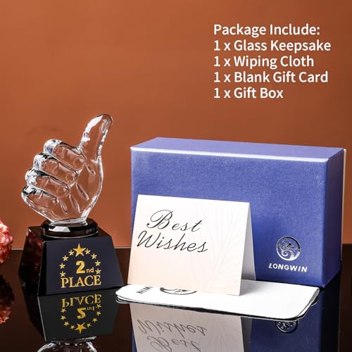 LONGWIN 2nd Place Trophy Set with Glass Thumbs Up Award for Sports & Parties