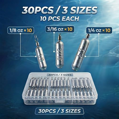 Pencil Fishing Weights with 360° Swivels - 30 Pcs, 3 Sizes