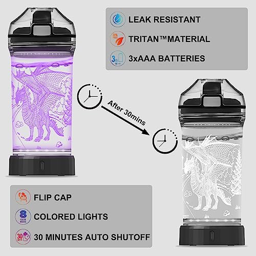 Ammonite Dragon Kids Water Bottle with 3D Glowing LED Light - 14 OZ BPA-Free Tritan, Travel Cup, Gift for Boys & Kids - Variation 2