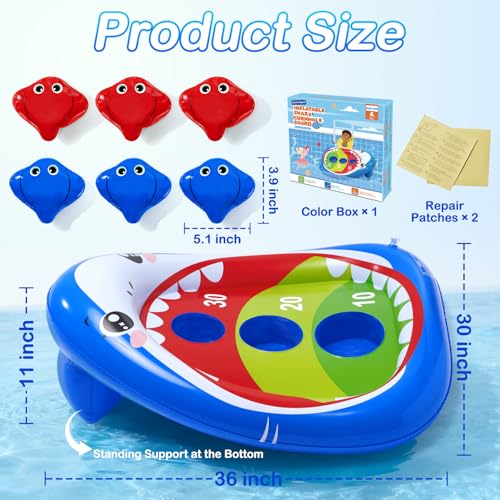 AURASUN Inflatable Shark Cornhole Pool Game for Kids & Adults - Floating Water Toss Game