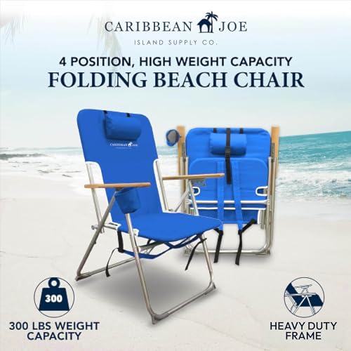 Caribbean Joe 4-Position Folding Beach Chair with Headrest & Cup Holder