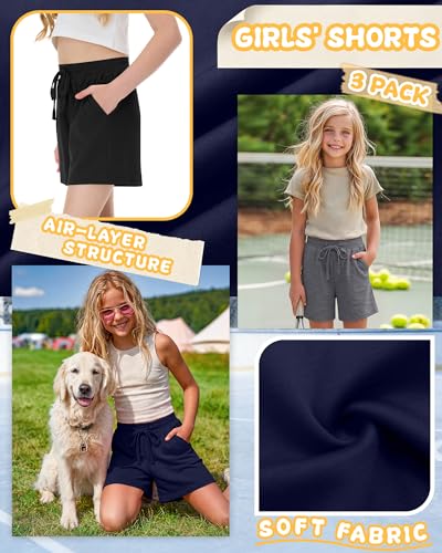 3 Pack Girls Athletic Shorts - Navy Blue, Dark Gray, Black