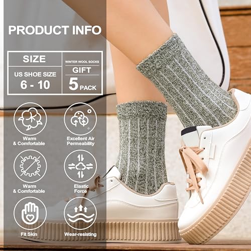 Women's Wool Crew Socks - Warm Winter Hiking Boot Socks, 5 Pairs Stripes
