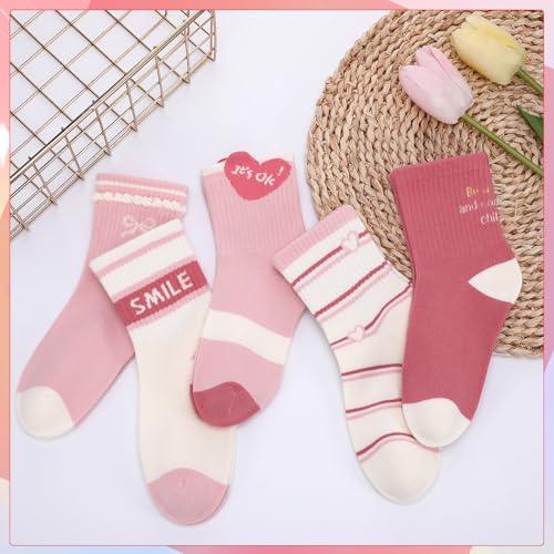 Kids Girls Crew Athletic Socks - 5 Pairs, Pink & White, Ages 9-12
