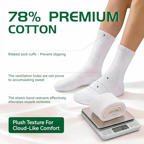 Men's Crew Socks - Cushioned Cotton Athletic Support - 1 Pair White