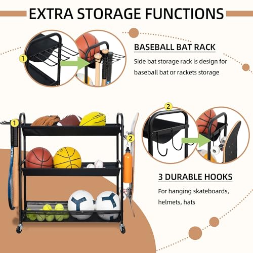 3-Tier Sports Ball Storage Rack with Wheels | Garage & Gym Organizer