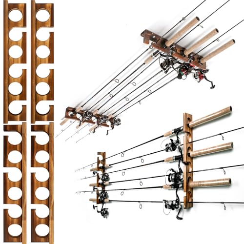 Fishing Rod Holder for Wall or Ceiling - Holds 6 Rods, Durable Wood