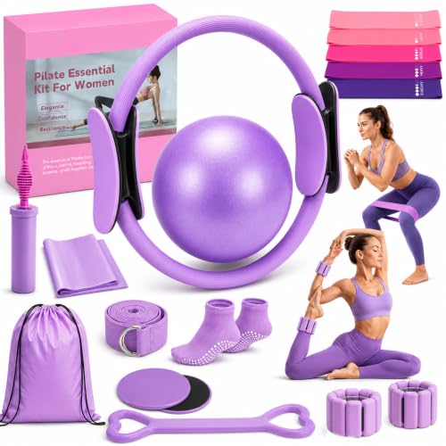 Pilates Kit for Home Workouts - Ring, Ball, Resistance Bands - Purple