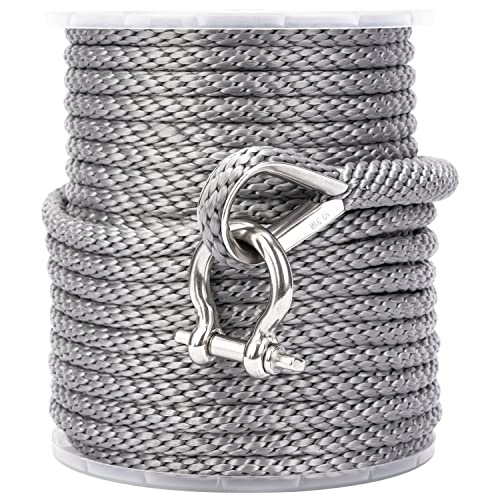 Young Marine 3/8 Inch 150FT Premium Solid Braid MFP Anchor Line with Stainless Steel Thimble & Shackle, Grey