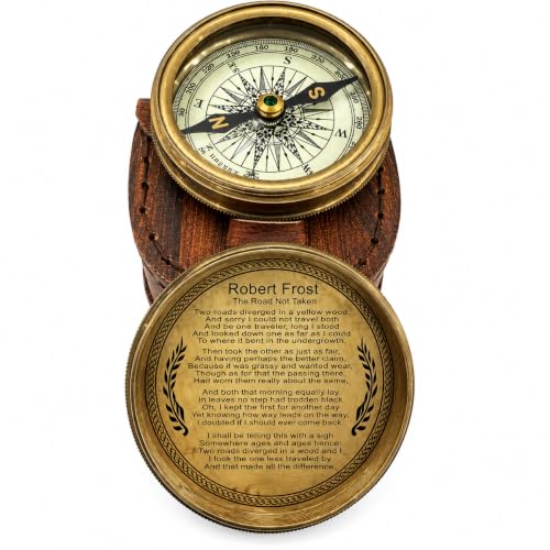 Vintage Brass Pocket Compass with Leather Case - Nautical Navigational Gift for Hiking & Outdoors