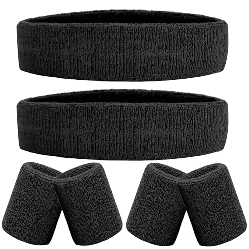 Moisture-Wicking Sweatband Set - 4 Wristbands & 2 Headbands - Black