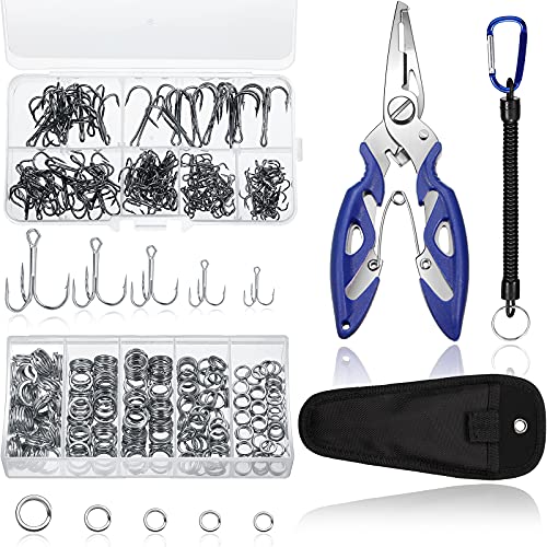 Skylety 200Pcs Split Rings & Treble Hooks Kit with Pliers Blue/302