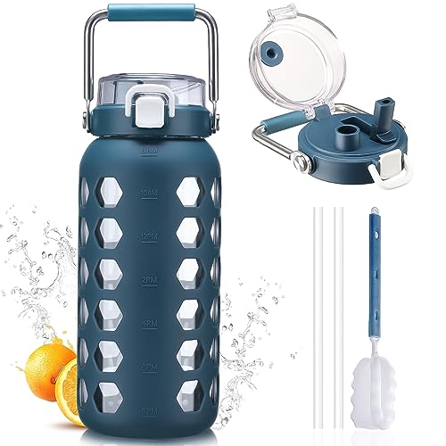 MUKOKO Blue 64oz Glass Water Bottle with Straw & Leakproof Lid