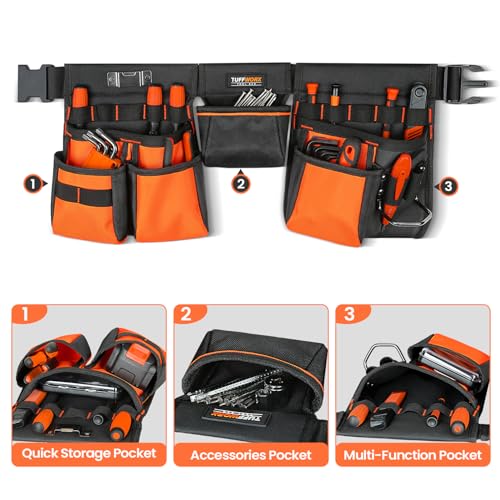 Tool Belt with Multiple Pockets, Heavy Duty Construction Pouch, Black and Orange
