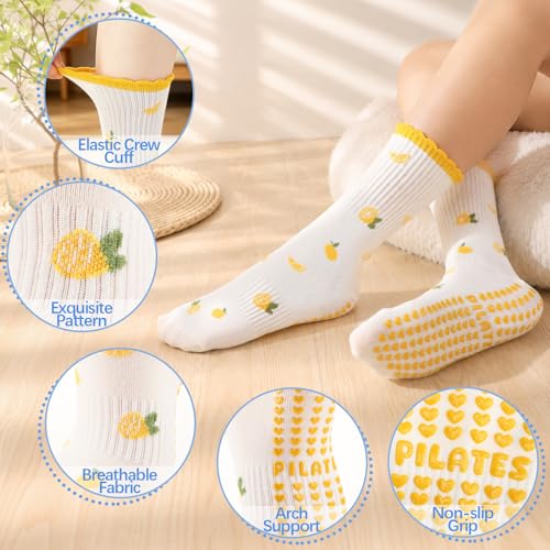 6 Pairs Cute Non-Slip Pilates Socks for Women - Red, Brown, Yellow, Pink, Blue, Purple