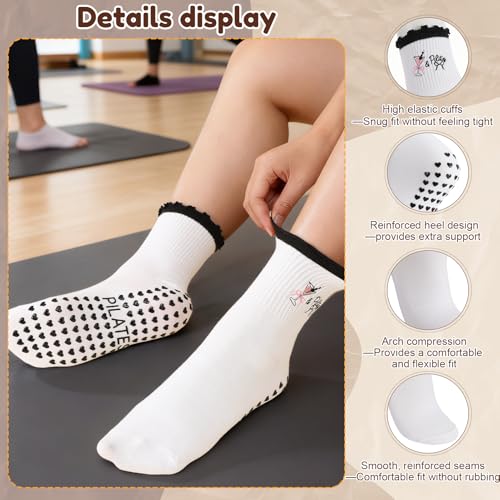 Womens Non-Slip Pilates Yoga Socks - Embroidery Grip Set - Brown, Black / 2