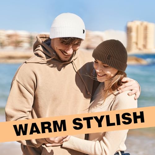 Winter Beanie Hat - 2 Pack Fisherman Trawler Skull Caps - Beige & Black