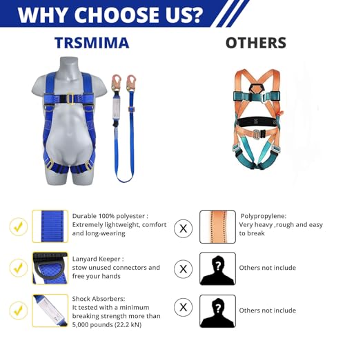 TRSMIMA Safety Harness Fall Protection - Roofing Full Body Construction Lanyard Kit Men Fall Arrest Work Tree Climbing Roofer D-ring ANSI