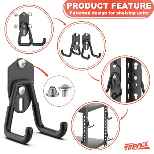 TORACK 15 PCS Garage Storage System Hooks, Shelving Hooks for Keyhole Shelving Units Wall Mount Utility Hooks for Tools, Ladders, Cords, Folding Chairs, Shovels and Rakes(Black)