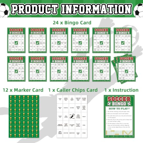 World Cup Bingo Game Set - 24 Unique Cards & 12 Markers - Soccer Theme