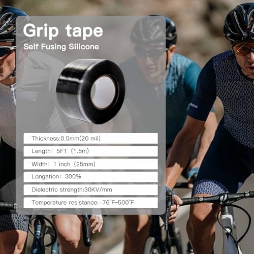 Self-Fusing Silicone Grip Tape - Waterproof Anti-Slip Wrap - Black, 5 FT