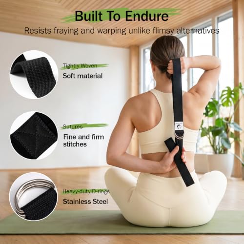 Adjustable Cotton Yoga Strap - 8 Feet Black for Stretching