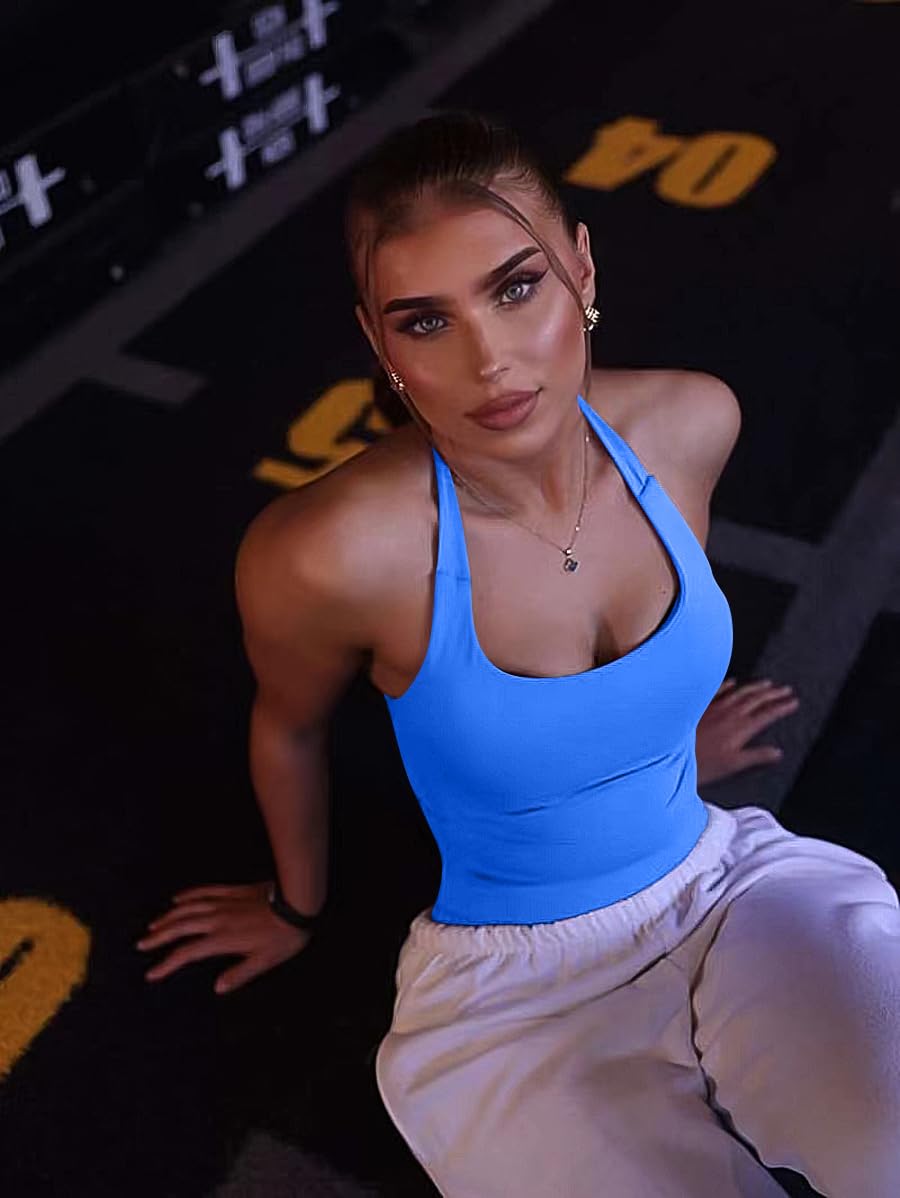 TRYTO Impact Halter Top Sports Yoga Tanks Women Workout Fitness Gym Outdoor Running Tank Tops Electric Blue, Medium