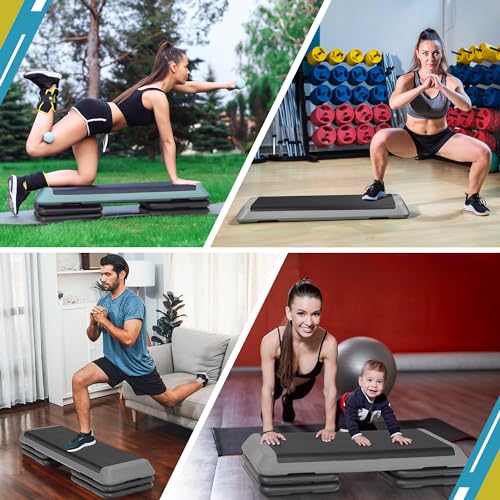 Adjustable Aerobic Step Platform - 43 Inch Black Stepper with 4 Risers