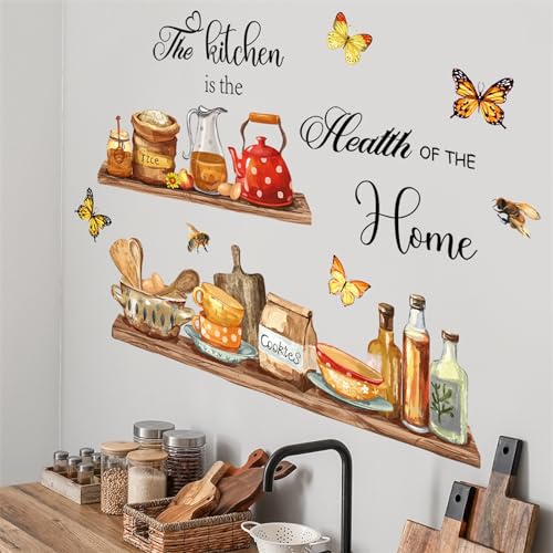 Bowl Kitchenware Utensil Shelf Wall Stickers, sacinora The Kitchen is the Heart of Home Butterfly Bee Wall Decal Removable Vinyl Peel and Stick for Kitchen Dining Restaurant Baking Room Bar Home Decor