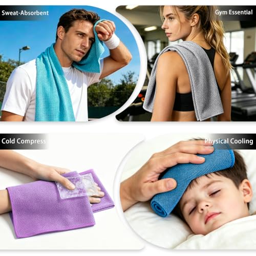 Cooling Towel 4 Pack - Ice Cool Microfiber Towels for Neck - Light Blue/Grey/Green/Pink