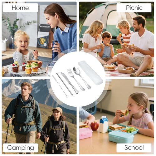 6-Piece Reusable Stainless Steel Travel Camping Utensil Set with Case - Silver