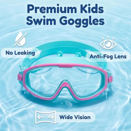 Kids Swim Goggles for 3-14 Years - Pink Green, Anti-Fog, UV Protection, No Leak, Wide View, Seasprint
