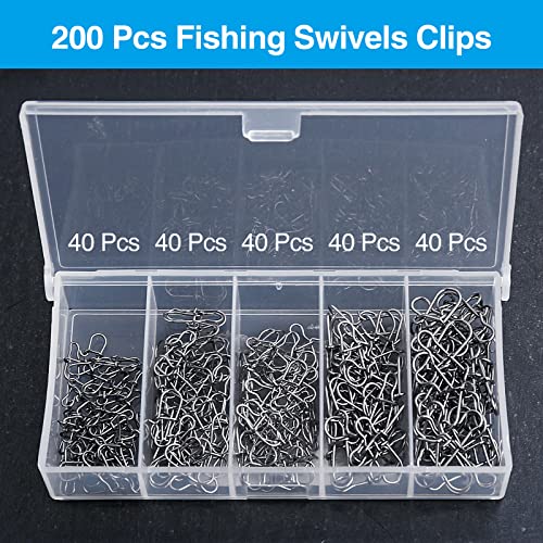 200 Pcs Duo-Lock Fishing Snap Clips - 5 Sizes Quick Change Swivel - Silver