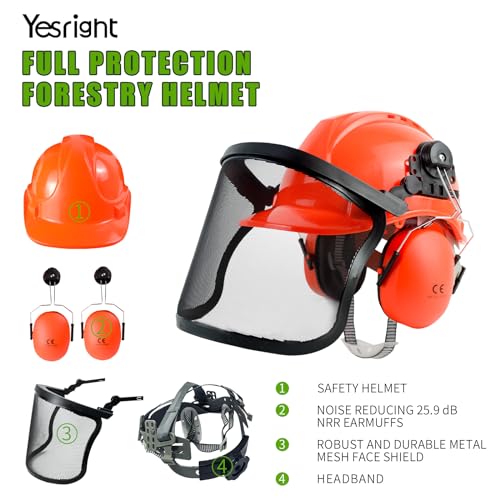 Chainsaw Helmet with Face and Ear Muffs, Forestry Safety Helmet for Mowing, Trimming, Yard Work, Landscaping, Construction and Weed Whacking