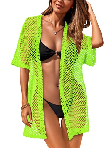 CHICGAL Women Crochet Beach Cover Up Kimono Cardigan Neon Green Small