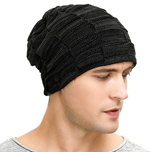 Warm Slouchy Beanie Hat for Men - Black Knit Winter Cap
