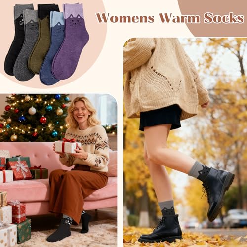 Justay 5 Pairs Wool Socks for Women, Winter Warm Cute Cat Crew