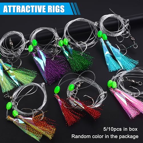 FUSIGO 5-Pack Saltwater Fishing Bait Rigs with Glow-in-Dark Fish Skin & Monofilament Leader