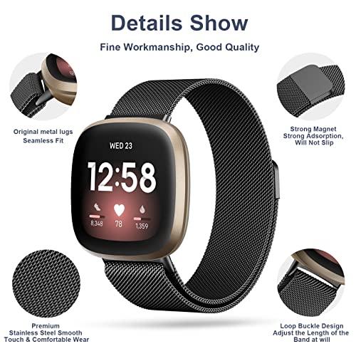 Stainless Steel Bands for Fitbit Sense 2 & Versa 4 - Black, Large
