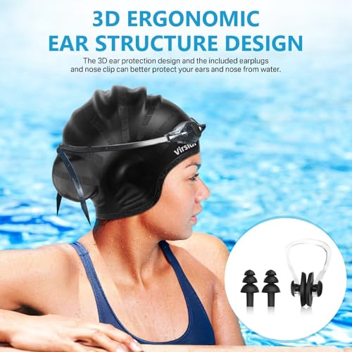 Silicone Swim Cap for Long Hair with Ear Protection - Black